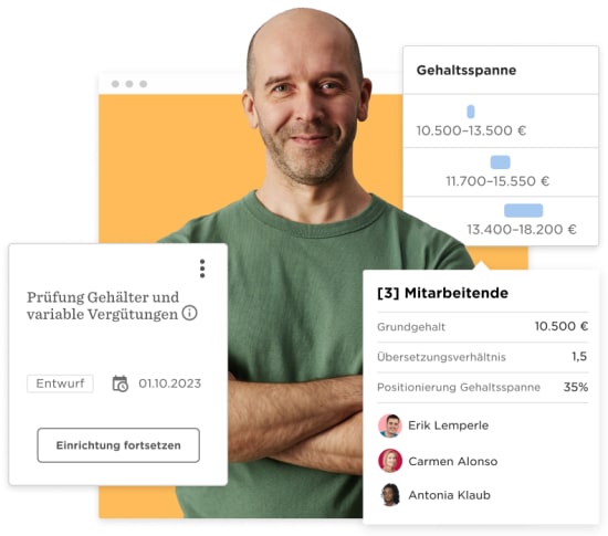 Mann in grünem Shirt mit Gehaltsanalyse-Interface, zeigt Gehaltsspannen und Mitarbeitende., Gehaltsprüfung, Mitarbeitende