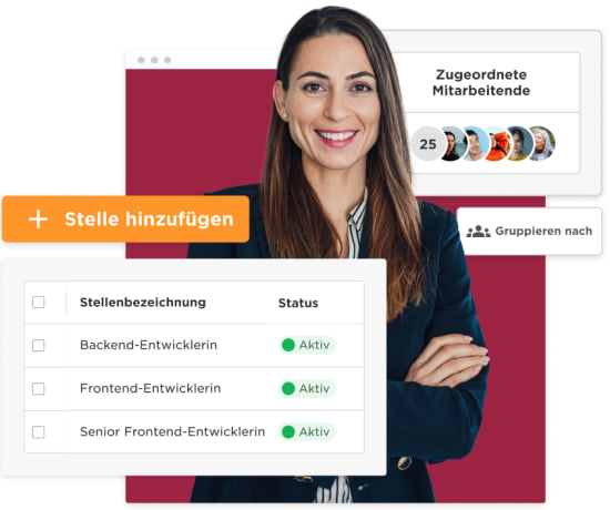 job management interface, professional woman smiling with job listings and active status indicators