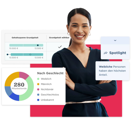 professional woman smiling, salary statistics gender breakdown with charts and graphs