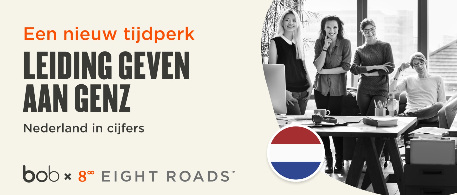 leiding geven aan genz, moderne werkomgeving met diverse teamleden en Nederlands vlagsymbool