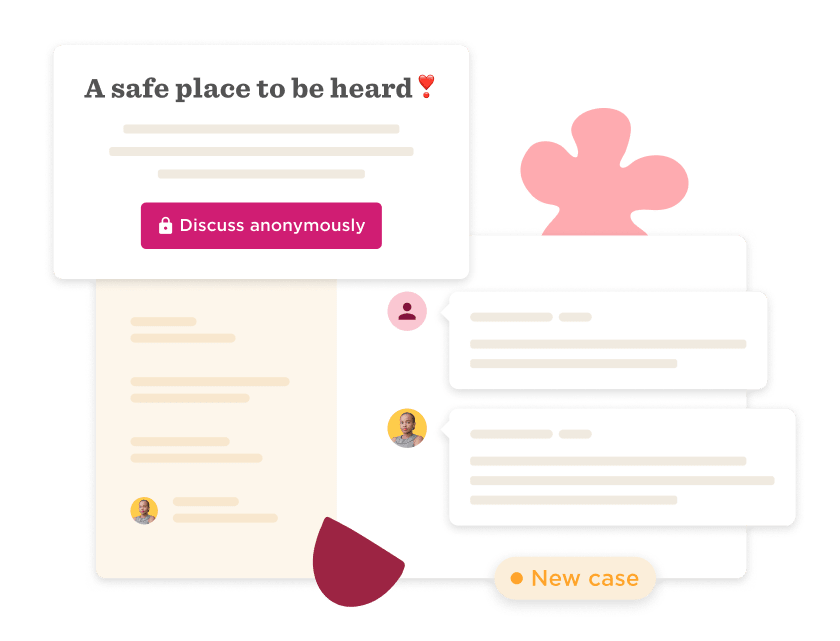 safe place to be heard, discuss anonymously, message interface, user icons, new case notification, supportive online community