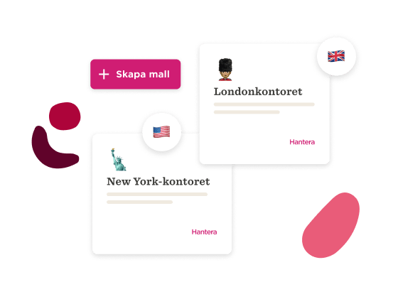 Skapa mall, New York and London office cards with flags and icons for office management.