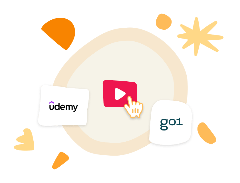 video button, Udemy and Go1 logos with playful shapes in a vibrant, creative background