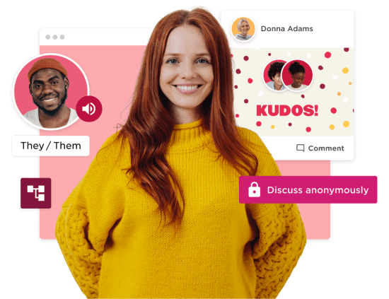 smiling woman in yellow sweater, digital interface with discussions and recognition elements