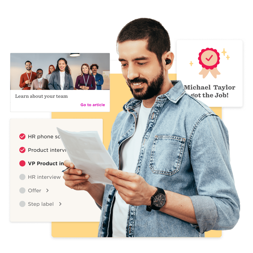 man reading document with HR team highlights and achievement badge, HR process overview with team photo and job success message