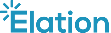 Elation logo featuring bold blue text and a sunburst icon, representing innovation and positivity in healthcare solutions., Elation, healthcare solutions