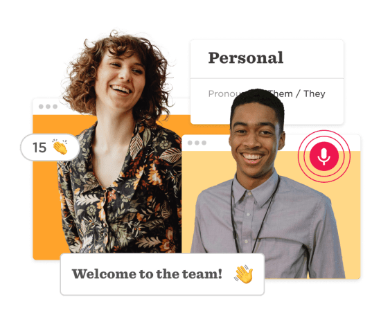 smiling young adults in colorful backgrounds with welcome message, personal pronouns, and voice icon, team introduction graphic with diversity focus