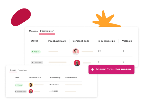 Mensen Formulieren interface showing status, feedback details, and options to create a new form. Colorful design elements., User interface with data on form statuses and creation options, featuring vibrant graphical accents.
