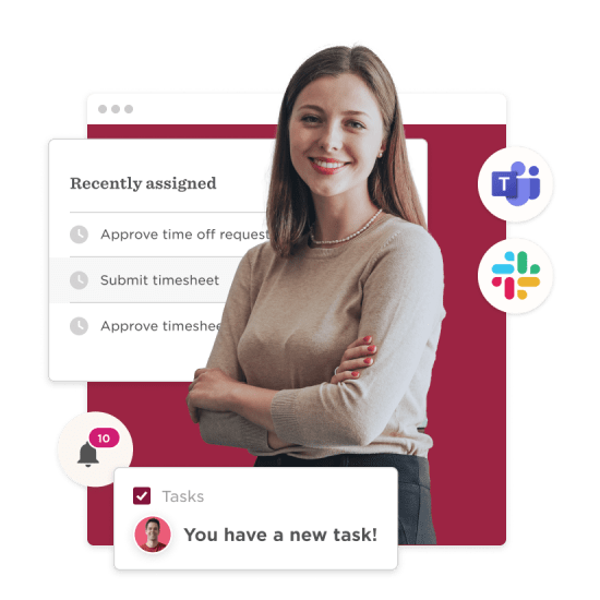 professional woman smiling with task notifications, digital interface showing recent assignments and collaboration apps, recent tasks notifications, professional interface elements, teamwork apps