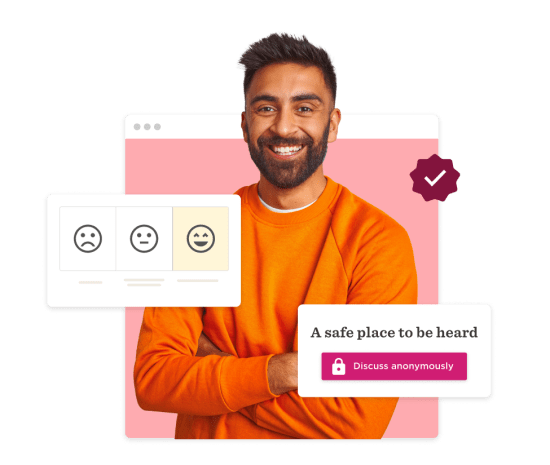 smiling man in orange sweater promoting emotional feedback and safe discussions, feedback interface with happy face icon