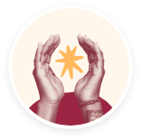 hands cupping a radiant star symbol on a circular background, symbolizing care, support, and positive energy in illustration