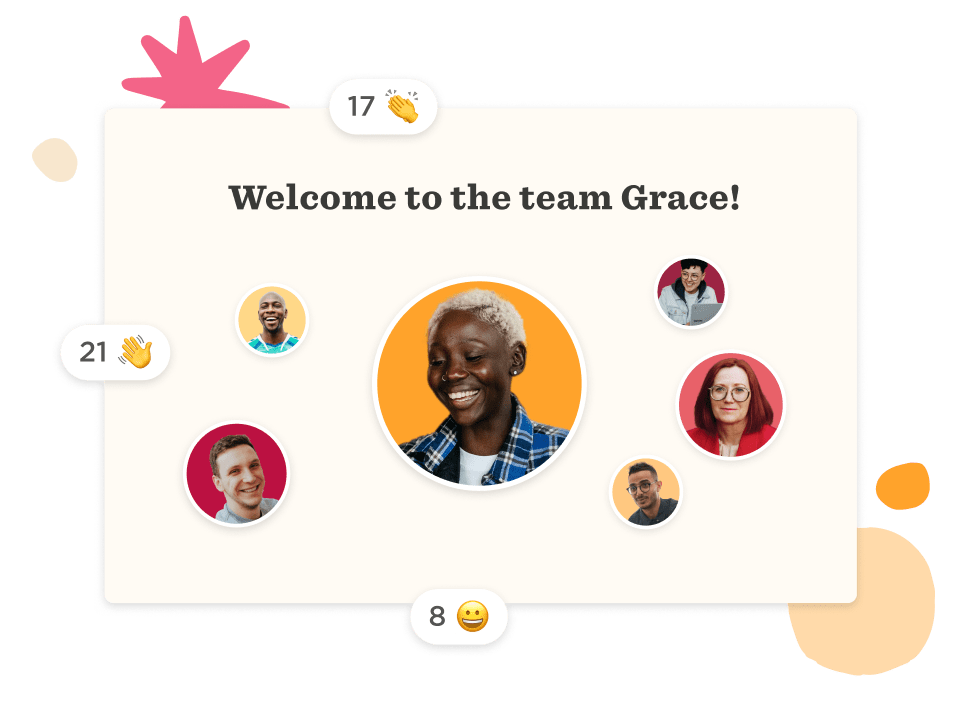 welcome team graphic, diverse team members smiling