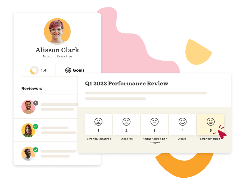 Alisson Clark's performance review, rating scale, and reviewer icons with graphical elements and progress indicators., performance review, employee feedback