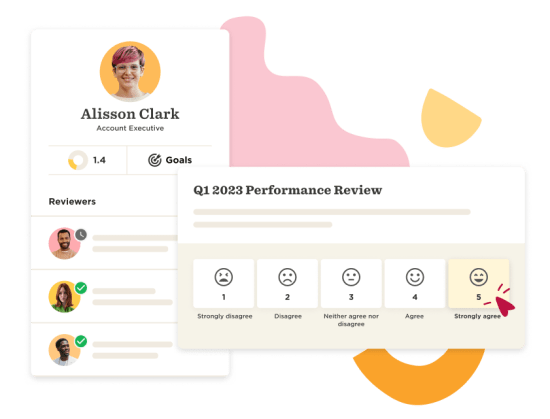 Alisson Clark's performance review, rating scale, and reviewer icons with graphical elements and progress indicators., performance review, employee feedback