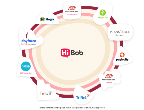 HiBob logo with integration options like ADP, Sequoia, and others for workforce management solutions, HiBob integration options featuring ADP, Xero, and dayforce logos