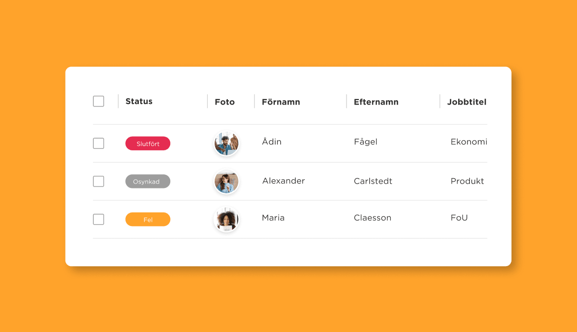 status table, employee details with names and job titles against an orange background