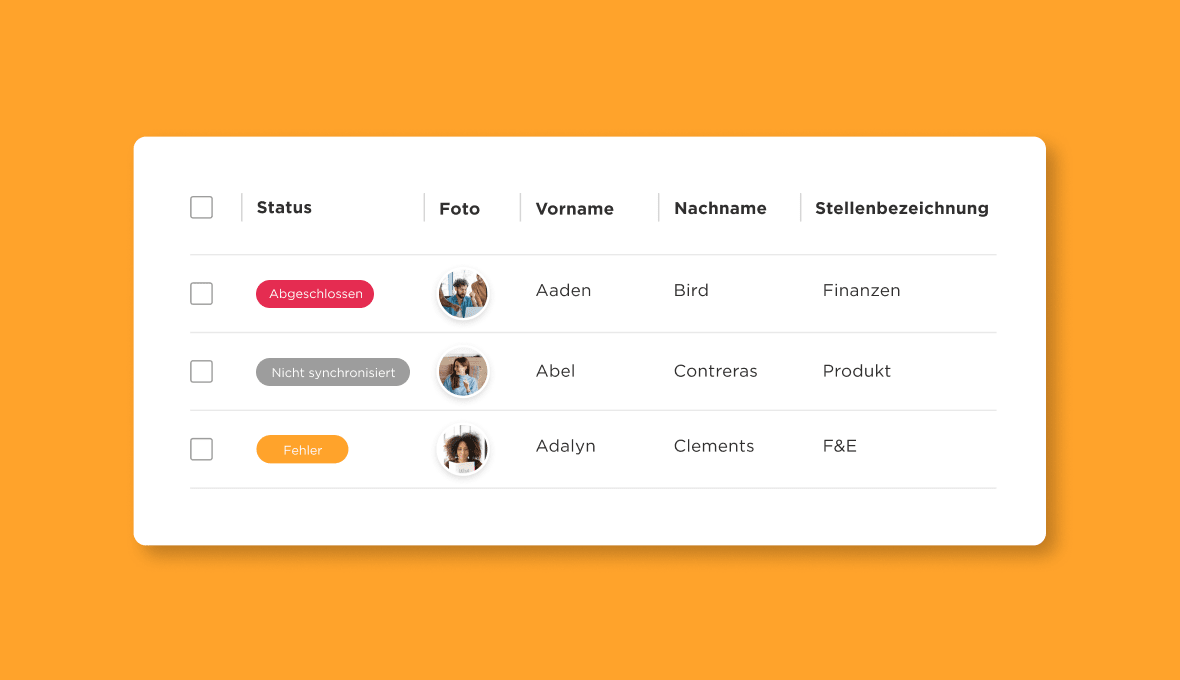 data table showing employee status, names, and photos on orange background, employee status overview with photos and roles