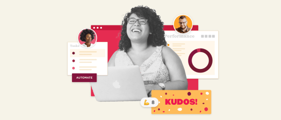 smiling woman at laptop with colorful graphics illustrating tasks and performance metrics, kudos message in vibrant design