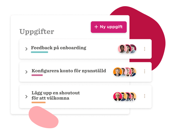 Uppgifter list with task details and user avatars, featuring onboarding feedback and shoutout setup. Ny uppgift button. , Uppgifter, Ny uppgift