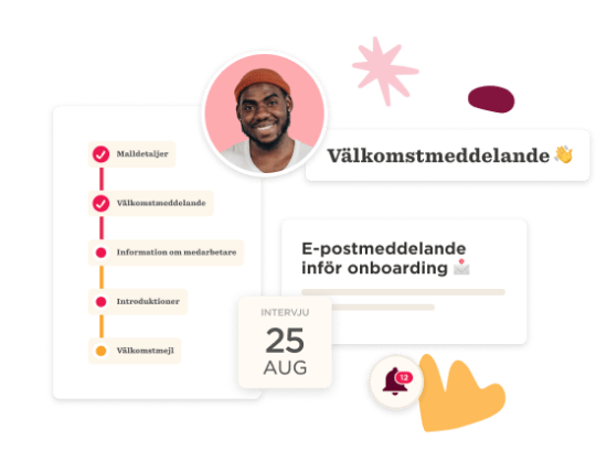 Välkomstmeddelande med checklistor för onboarding, innehållande datum och medarbetarinformation., onboarding, checklist
