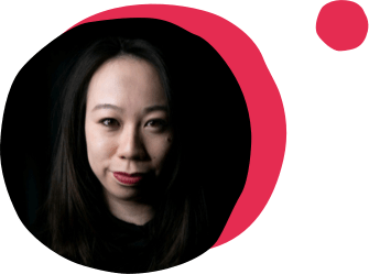 portrait of a woman with long black hair and a dark background, vibrant pink abstract shapes surrounding the figure