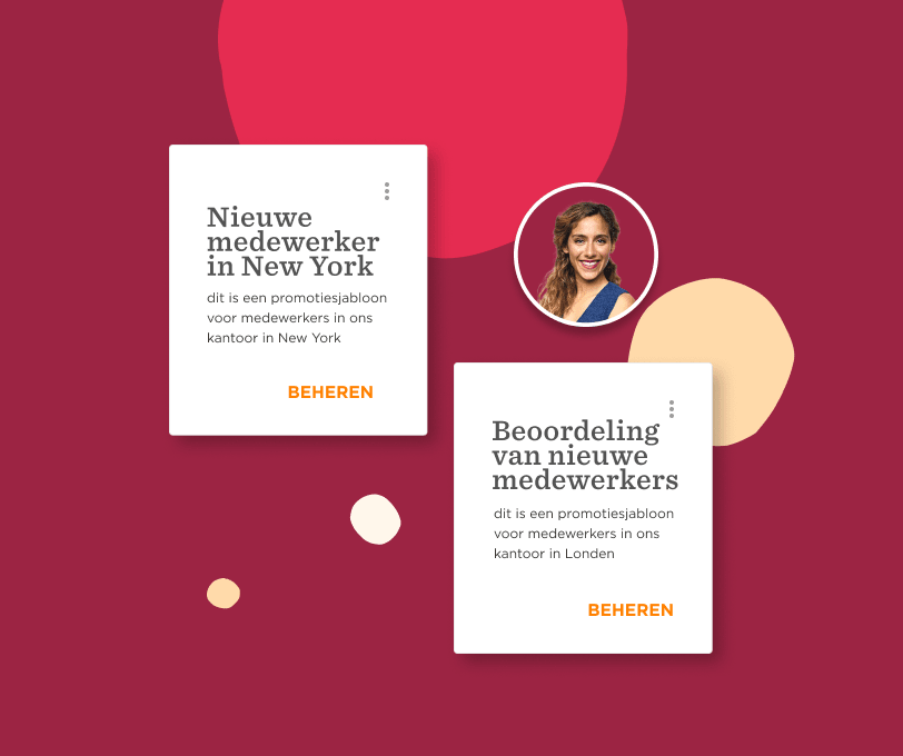 promotiejabloon voor nieuwe medewerkers kantoor New York en Londen, vrouw in een ronde foto met achtergrond in warme kleuren