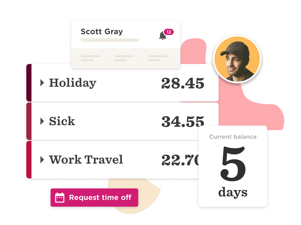 Scott Gray's time-off balance displaying Holiday, Sick, and Work Travel days with a request button, Current balance of 5 days off.