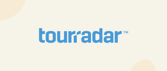 tourradar logo on a light background, featuring bold blue typography and a trademark symbol, travel booking platform branding design