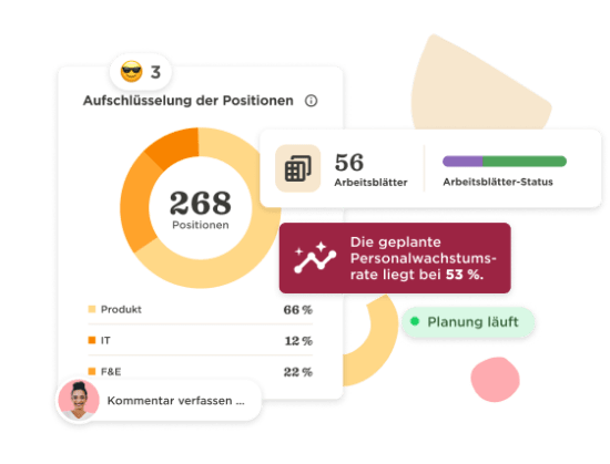 268 total positions displayed in a circular chart with status updates for various departments in a project plan. positions, status_updates