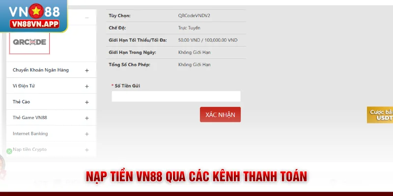 Nạp tiền VN88 qua các kênh thanh toán